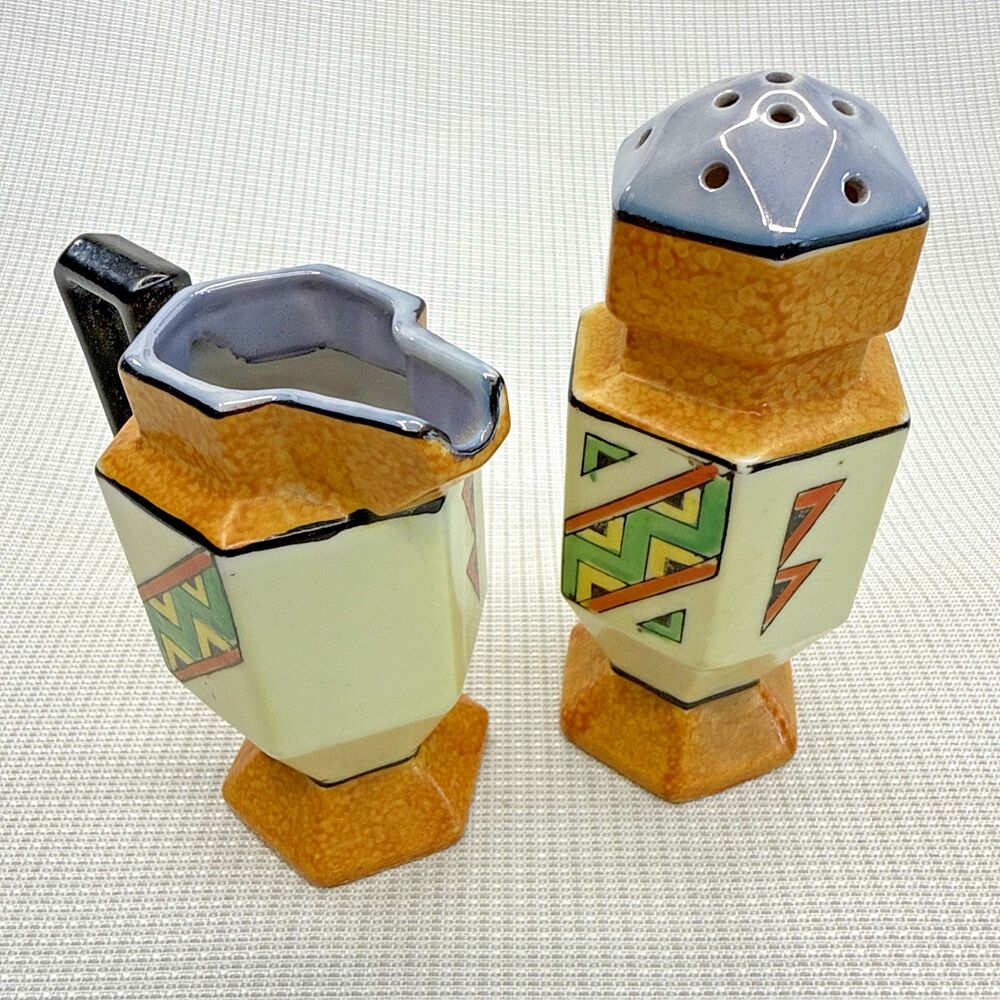 Vintage Lusterware Creamer Sugar Shaker Set Art Deco Japan Geometric Pattern
